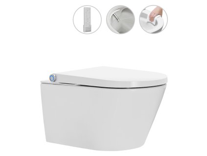 CERANO - WC závěsné s integrovaným elektronickým bidetem Cronus Pro, Vortex Rimless 180° + UF sedátko - bílá lesklá - 59,3x38,4 cm