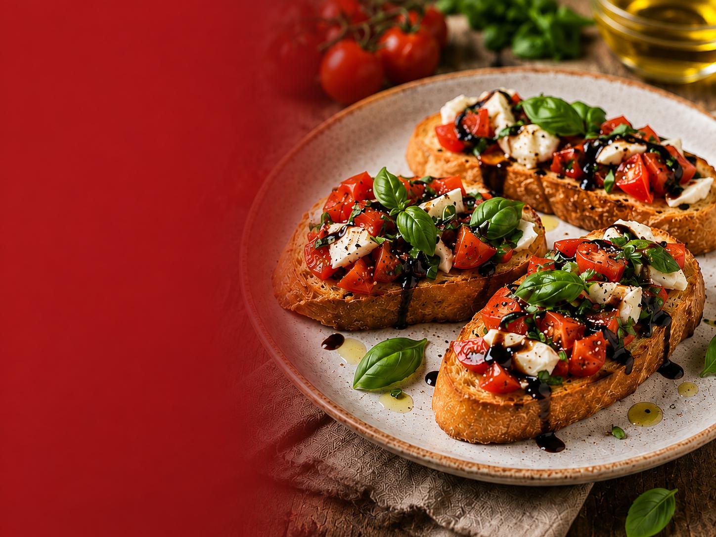 Bruschetta s paradajkami, mozzarellou a bazalkou