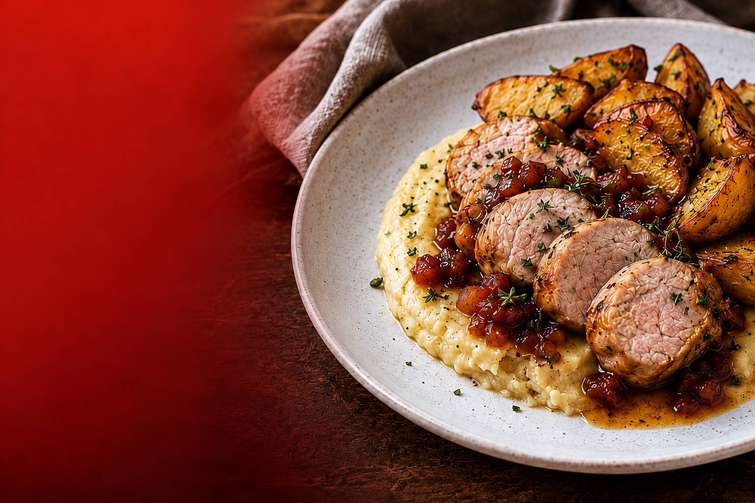Bravčová panenka s jablkovo-cibuľovým chutney a zemiakovým pyré s parmezánom