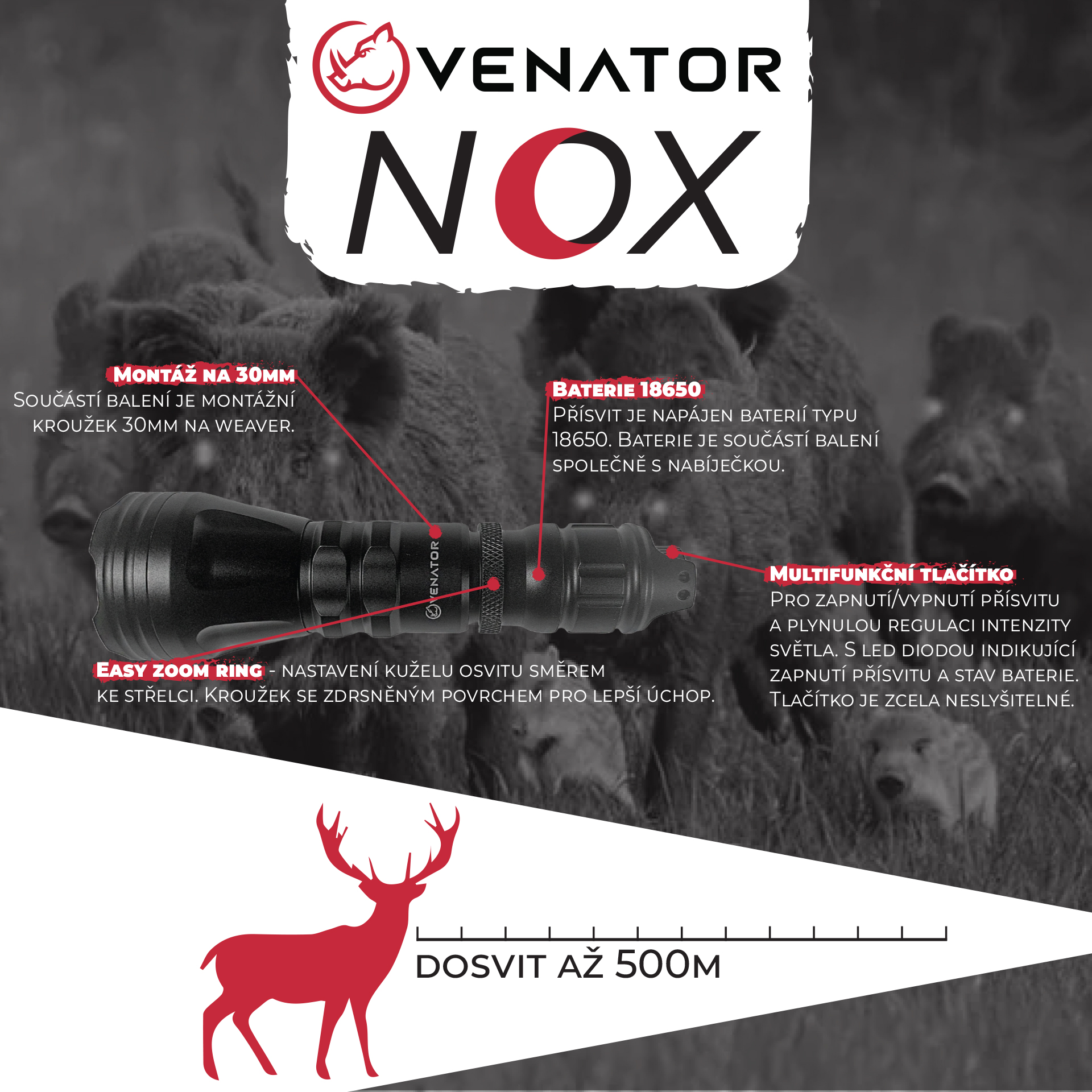 Venator přísvit Nox MAGNA - IR 940nm LASER + Baterie, Nabíječka, Montáž
