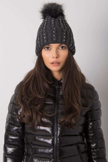 Tmavě šedá zateplená čepice se střapcem (Velikost UNI)