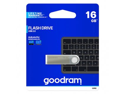 Goodram USB flash disk, USB 2.0, 16GB, UUN2, stříbrný, UUN2-0160S0R11, USB A, s poutkem