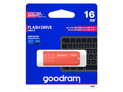 Goodram USB flash disk, USB 3.0, 16GB, UME3, oranžový, UME3-0160O0R11, USB A, s krytkou