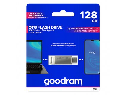 Goodram USB flash disk, USB 3.0, 128GB, ODA3, stříbrný, ODA3-1280S0R11, USB A / USB C, s otočnou krytkou