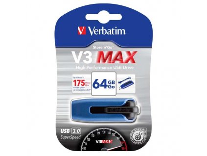 Verbatim USB flash disk, USB 3.0, 64GB, V3 MAX, Store N Go, modrý, 49807, USB A, s výsuvným konektorem