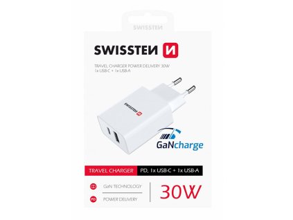 SWISSTEN Síťový adaptér 30W, 2 porty, USB-C, USB-A, GaN rychlonabíjení