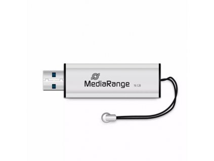 MediaRange USB flash disk, USB USB 3.0 (3.2 Gen 1), 16GB, stříbrný, MR915, USB A, s poutkem, vysouvací