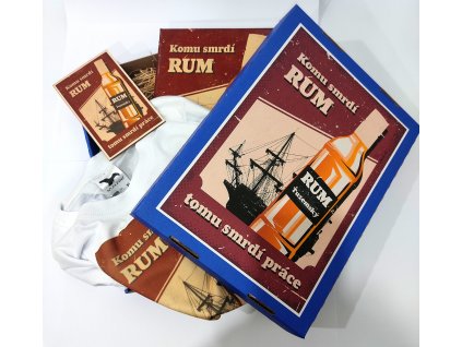 Retro Box - Plechová cedule, tričko a dřevěná pohlednice (Velikost trička L, Motiv Komu smrdí rum)
