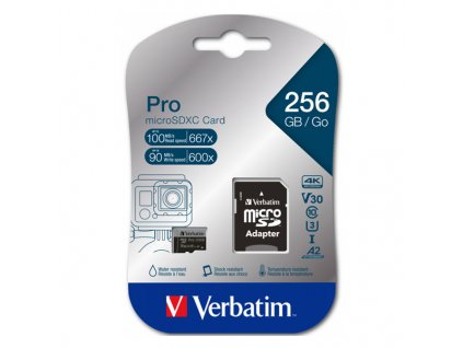 Verbatim paměťová karta MicroSD, 256GB, micro SDXC, 47045, UHS 3 (U3), s adaptérem