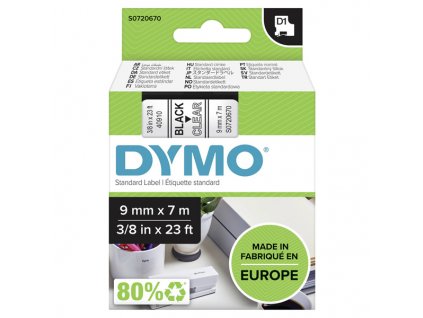 Dymo originální páska do tiskárny štítků, Dymo, 40910, S0720670, černý tisk/transparentní podklad, 7m, 9mm, D1