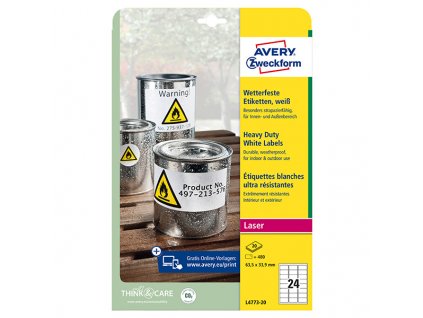 Avery Zweckform etikety 63.5mm x 33.9mm, A4, bílé, 24 etiket, velmi odolné, baleno po 20 ks, L4773-20, pro laserové tiskárny a kop