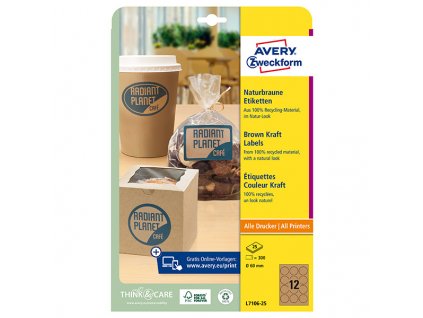 Avery Zweckform etikety 60mm, A4, přírodně hnědé, 12 etiket, baleno po 25 ks, L7106-25, pro laserové a inkoustové tiskárny, kopírk
