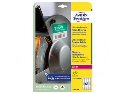 Avery Zweckform etikety 45.7mm x 21.2mm, A4, bílé, 48 etiket, velmi odolné, baleno po 10 ks, L7911-10, pro laserové tiskárny a kop