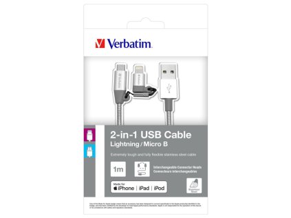 Verbatim USB kabel (2.0), USB A samec - microUSB samec + Apple Lightning samec, 1m, 2 in 1 stříbrný, box, 48869, nastavitelná konc