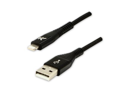 Logo USB kabel (2.0), USB A samec - Apple Lightning samec, 1m, MFi certifikace, 5V/2,4A, černý, box, nylonové opletení, hliníkový