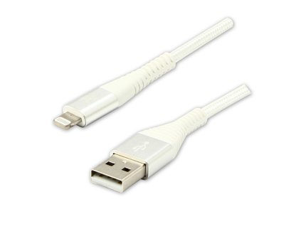 Logo USB kabel (2.0), USB A samec - Apple Lightning samec, 1m, MFi certifikace, 5V/2,4A, bílý, box, nylonové opletení, hliníkový k