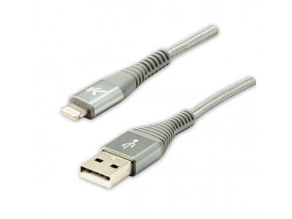 Logo USB kabel (2.0), USB A samec - Apple Lightning samec, 2m, MFi certifikace, 5V/2,4A, stříbrný, box, nylonové opletení, hliníko