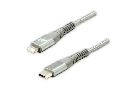Logo USB kabel (2.0), USB C samec - Apple Lightning samec, 2m, MFi certifikace, 5V/3A, stříbrný, box, nylonové opletení, hliníkový