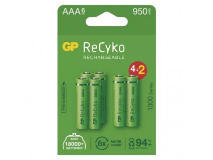 Nabíjecí baterie, AAA (HR03), 1.2V, 950 mAh, GP, papírová krabička, 6-pack, ReCyko