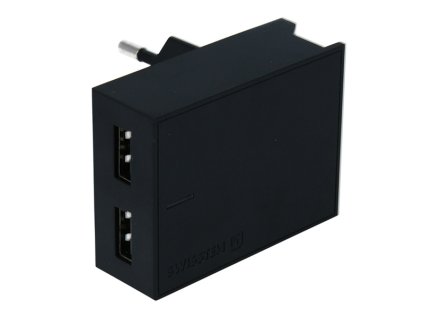 Síťový adaptér SWISSTEN 15W, 2 porty, USB-A, kabel Lightning Mfi, Smart IC, stojan na telefon