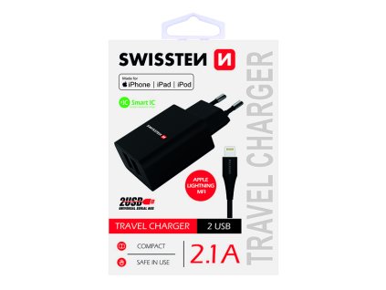Síťový adaptér SWISSTEN 10W, 2 porty, USB-A, kabel Lightning Mfi, Smart IC