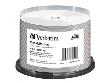 Verbatim CD-R, 43745, DataLifePlus Wide Inkjet Printable, 50-pack, 700MB, 52X, 80min., 12cm, spindle, pro archivaci dat
