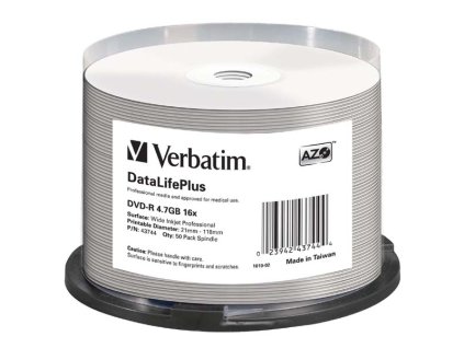 Verbatim DVD-R, DataLifePlus Wide Inkjetr Printable, 43744, 4.7GB, 16X, cake box, 50-pack, 12cm, pro archivaci dat