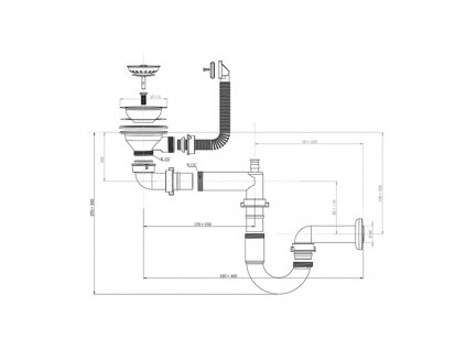 StrongSinks sifon plast dřezový, 40 mm, 220-460mm, bílý, StrongSinks Sifon pro úsporu místa pro nerez dřezy