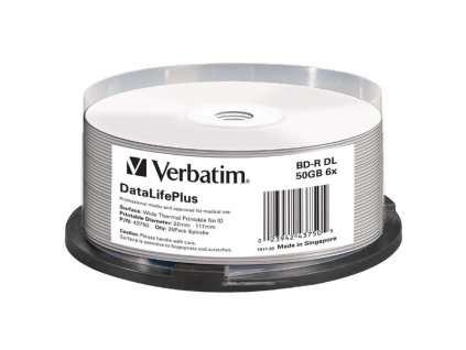 Verbatim BD-R, DL+ Wide Thermal Printable No Id Surface Hard Coat, 50GB, spindle, 43750, 6x, 25-pack, pro archivaci dat