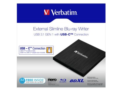 Verbatim externí Blu-Ray mechanika, 43889, USB 3.1, USB-C, ZDARMA 25GB MDISC