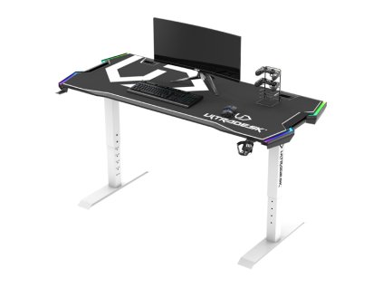 ULTRADESK Herní stůl FORCE SNOW - bílý, 166x70 cm, 66-86 cm, 5 úrovní výšky,s XXL podložkou pod myš, RGB podsvícení