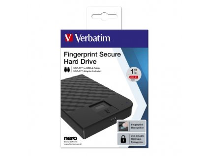 Verbatim externí pevný disk, Fingerprint Secure HDD, 2.5", USB 3.0 (3.2 Gen 1), 1TB, 53650, černý, šifrovaný s čtečkou otisků prst