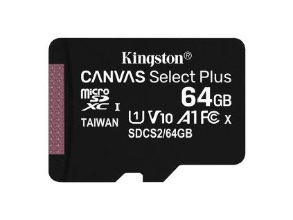 Kingston paměťová karta Canvas Select Plus, 64GB, micro SDXC, SDCS2/64GBSP, UHS-I U1 (Class 10), A1