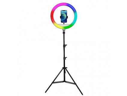 Kruhové světlo Powerton 13", RGB LED, velké, nastavení barev a svítivosti, držák telefonu a stativ