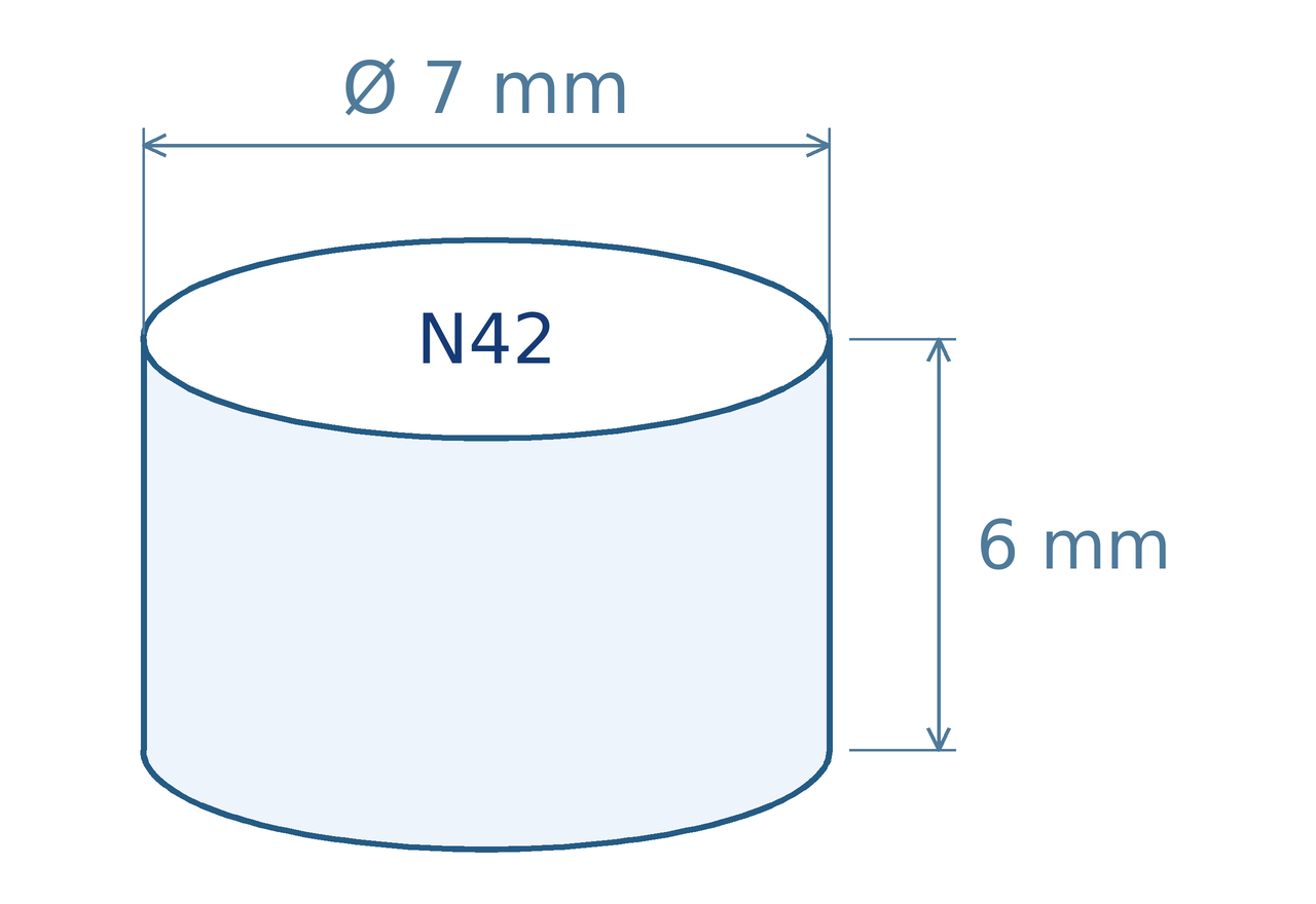 Schéma magnetu: průměr 7 mm, výška 6 mm