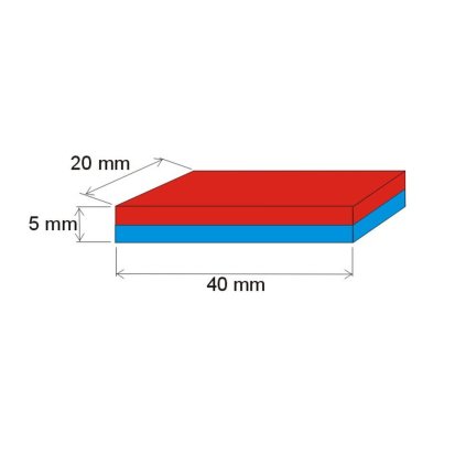 Neodymový magnet kvádr 40x20x5 N 80 °C, VMM7-N42 (Počet kusů 1 ks)