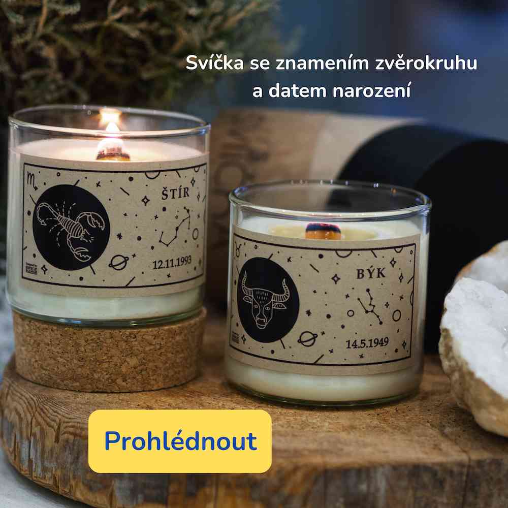 Sójové svíčky s dřevěným knotem se znamením zvěrokruhu štíra a býka s daty narození