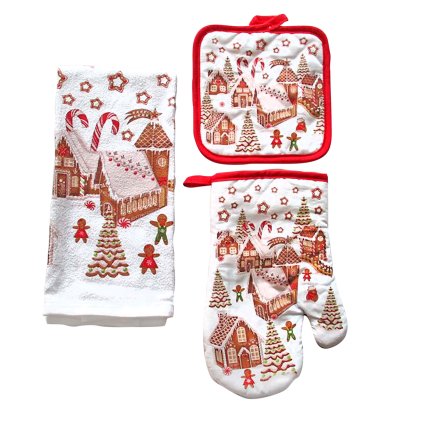 KITCHEN SET - HANDLE, POTHOLDER, DISH TOWEL GINGERBREAD VILLAGE