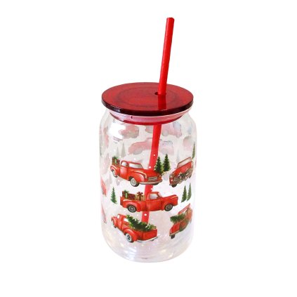 BOTTLE 480ML CHRISTMAS MOTIF WITH PLASTIC LID AND STRAW