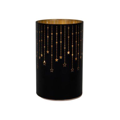 DEKORACE SKLENĚNÝ VÁLEC LED ČERNÁ/HVĚZDA 14CM