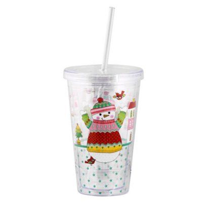 Plastic cup with straw, 460 ml, assorted snowman/penguin