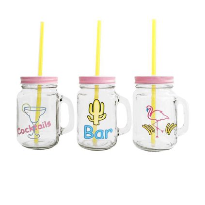 MASON JAR WITH LID AND STRAW, 450ML, SUMMER