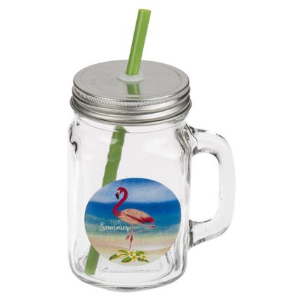 MASON JAR WITH LID AND STRAW, 450ML, FLAMINGO