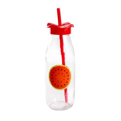 BOTTLE WITH LID AND STRAW 500ML, FRUIT MOTIF, ASSORT