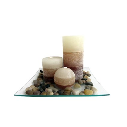 Gift set of 3 vanilla scented candles on a glass tray with stones.