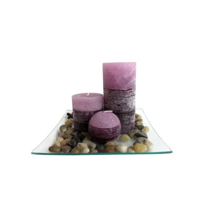 Gift set of 3 candles with lavender scent on a glass tray with stones