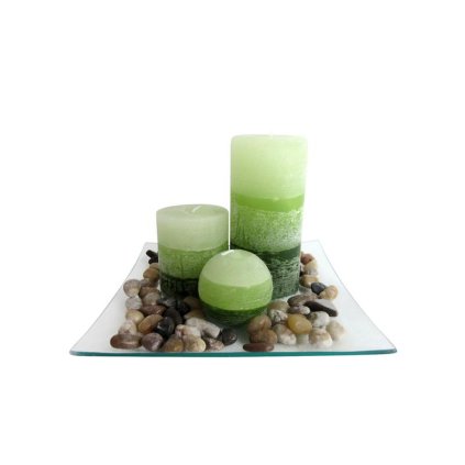 Gift set of 3 candles with scent "green tea" on a glass tray with stones