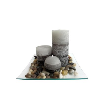 Gift set of 3 candles with jasmine scent on a glass tray with stones