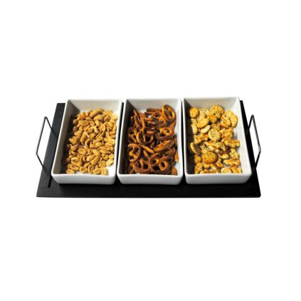 Set of rectangular bowls, 3 pcs, ceramic, wooden tray