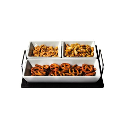 Set of rectangular bowls, 3 pcs, ceramic, wooden tray